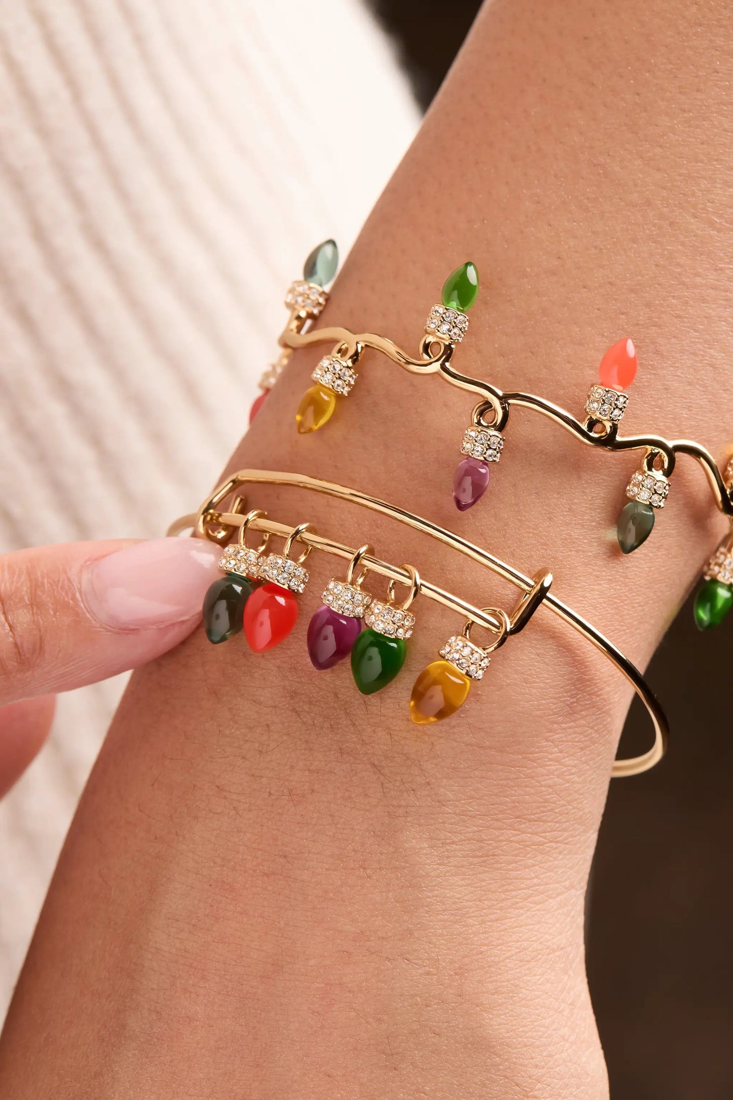 Christmas Light Bulb Charm Bangle by ALEX AND ANI with colorful bulbs on gold-tone bracelet on Tampa Home & Garden Store