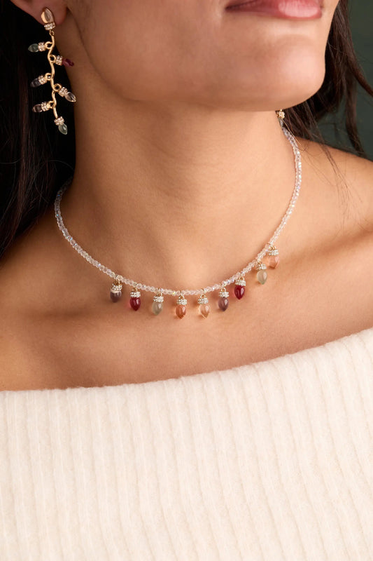Alex and Ani Christmas Muted Light Bulb Necklace, beaded choker with multicolor bulb charms on Tampa Home & Garden Store