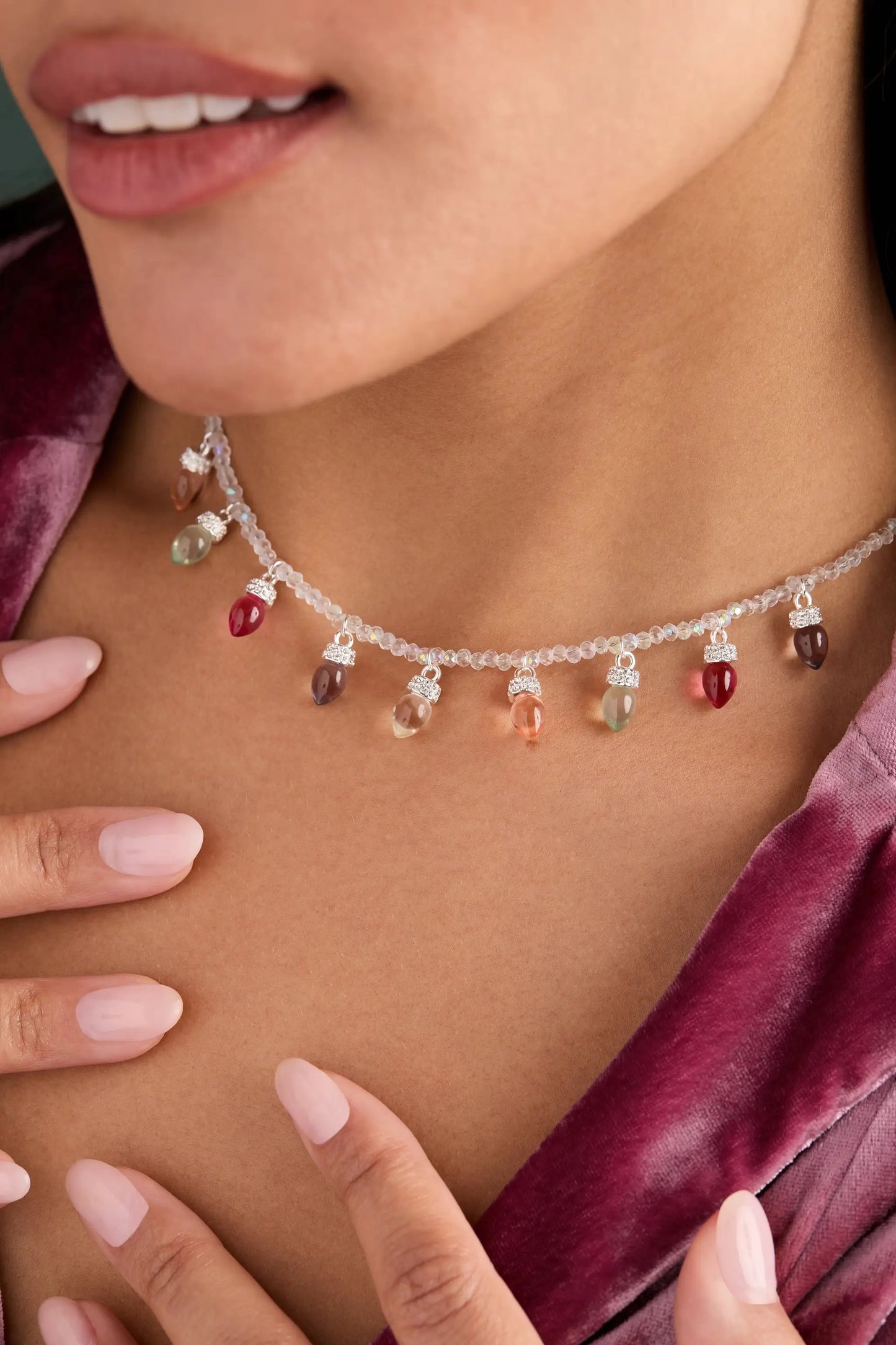 Christmas Muted Light Bulb Necklace with multicolor teardrop bulbs on a crystal bead chain on Tampa Home & Garden Store