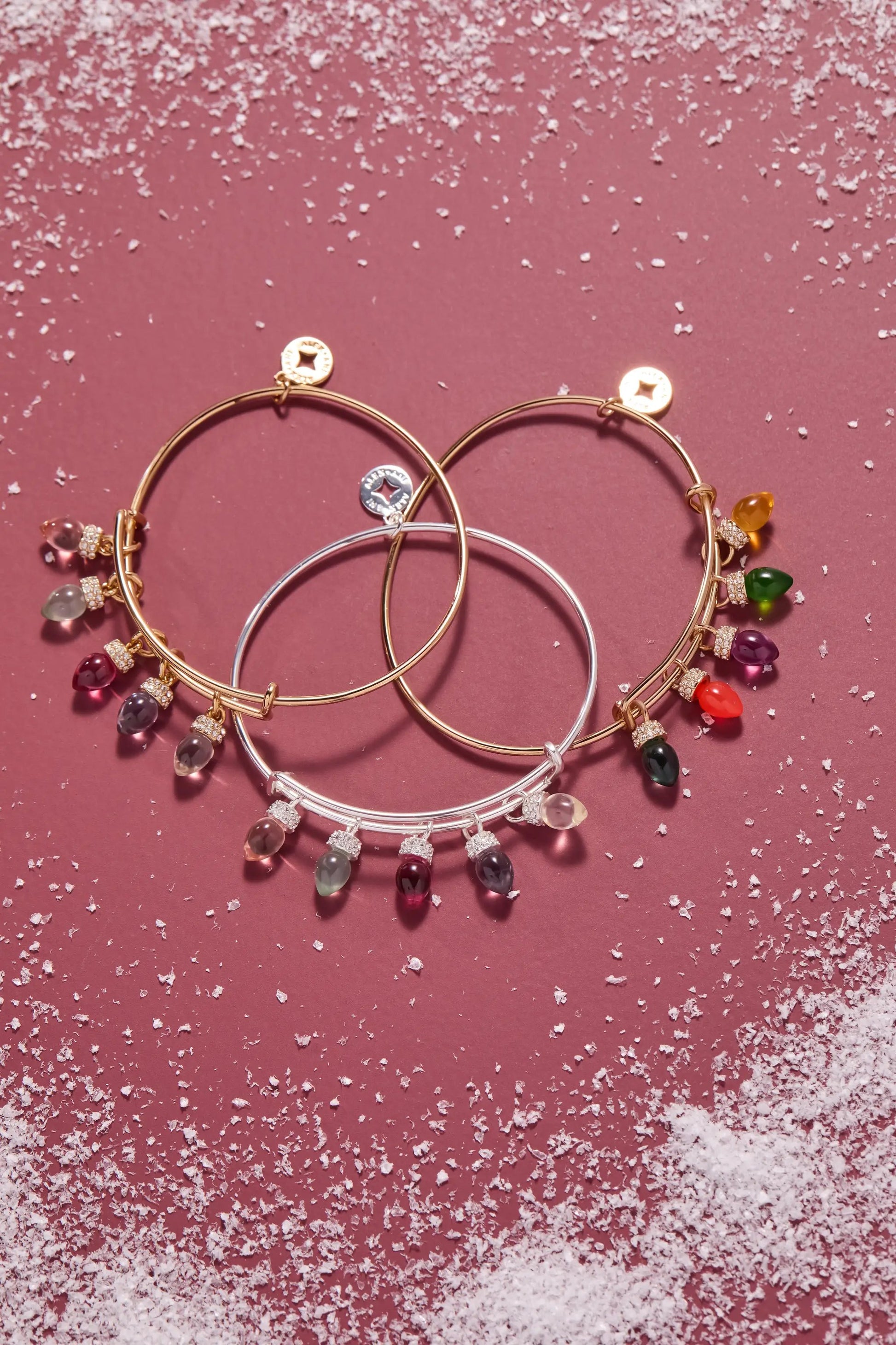 Christmas Light Bulb Charm Bangle set by ALEX AND ANI in gold-tone with multicolor bulb charms on Tampa Home & Garden Store