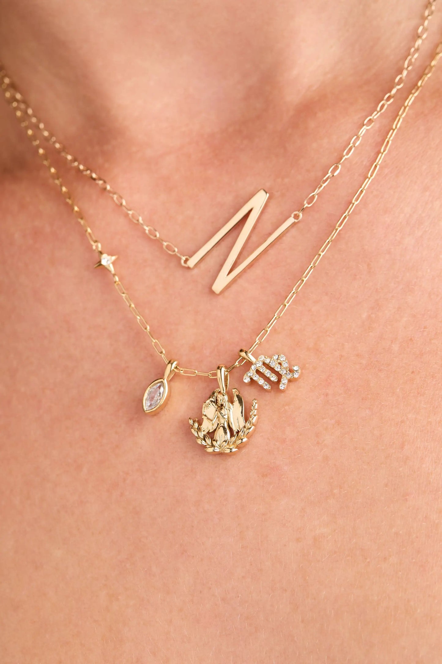 Virgo Zodiac Charm Cluster Necklace gold-tone with angular V pendant on Tampa Home & Garden Store