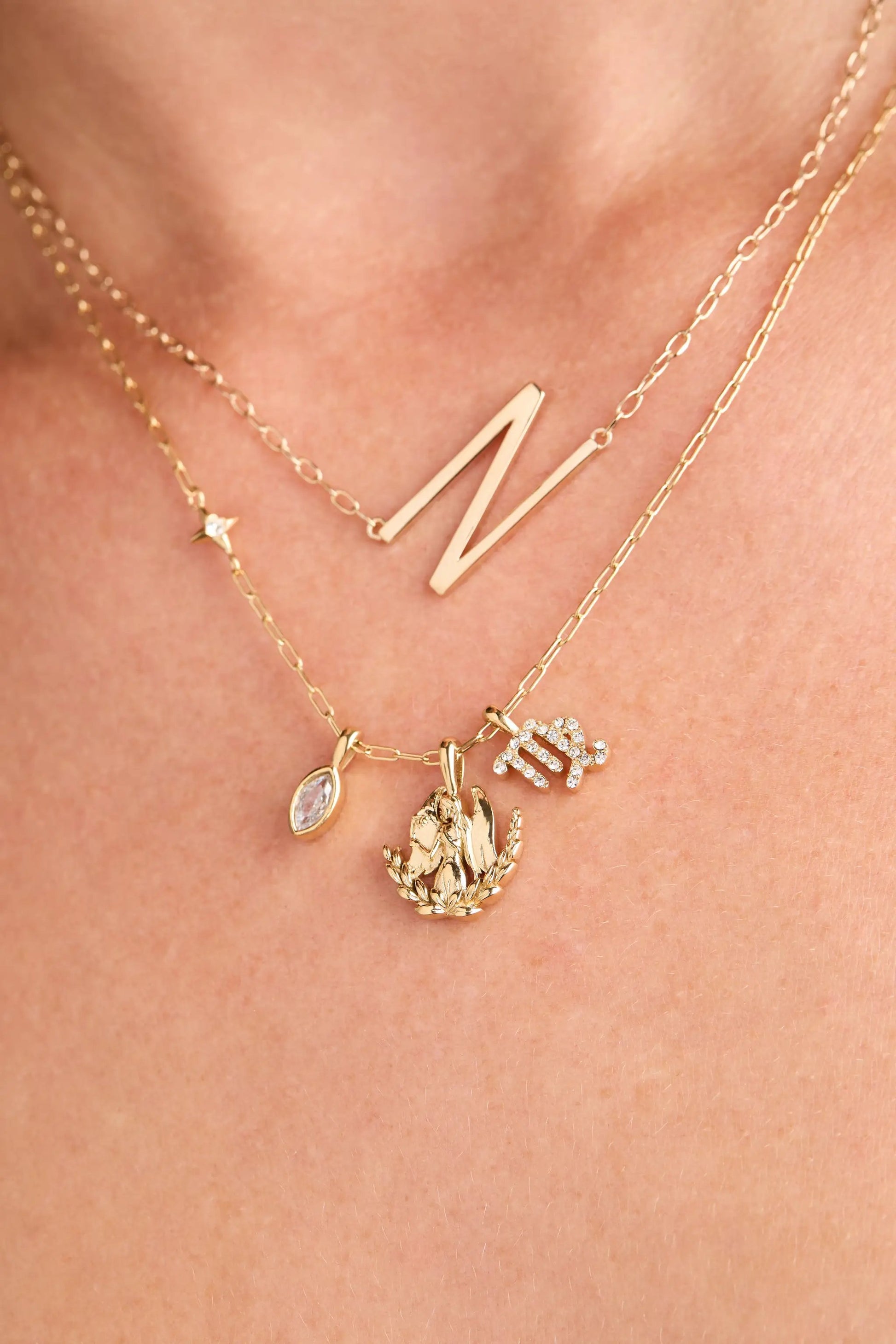 Virgo Zodiac Charm Cluster Necklace gold-tone with angular V pendant on Tampa Home & Garden Store