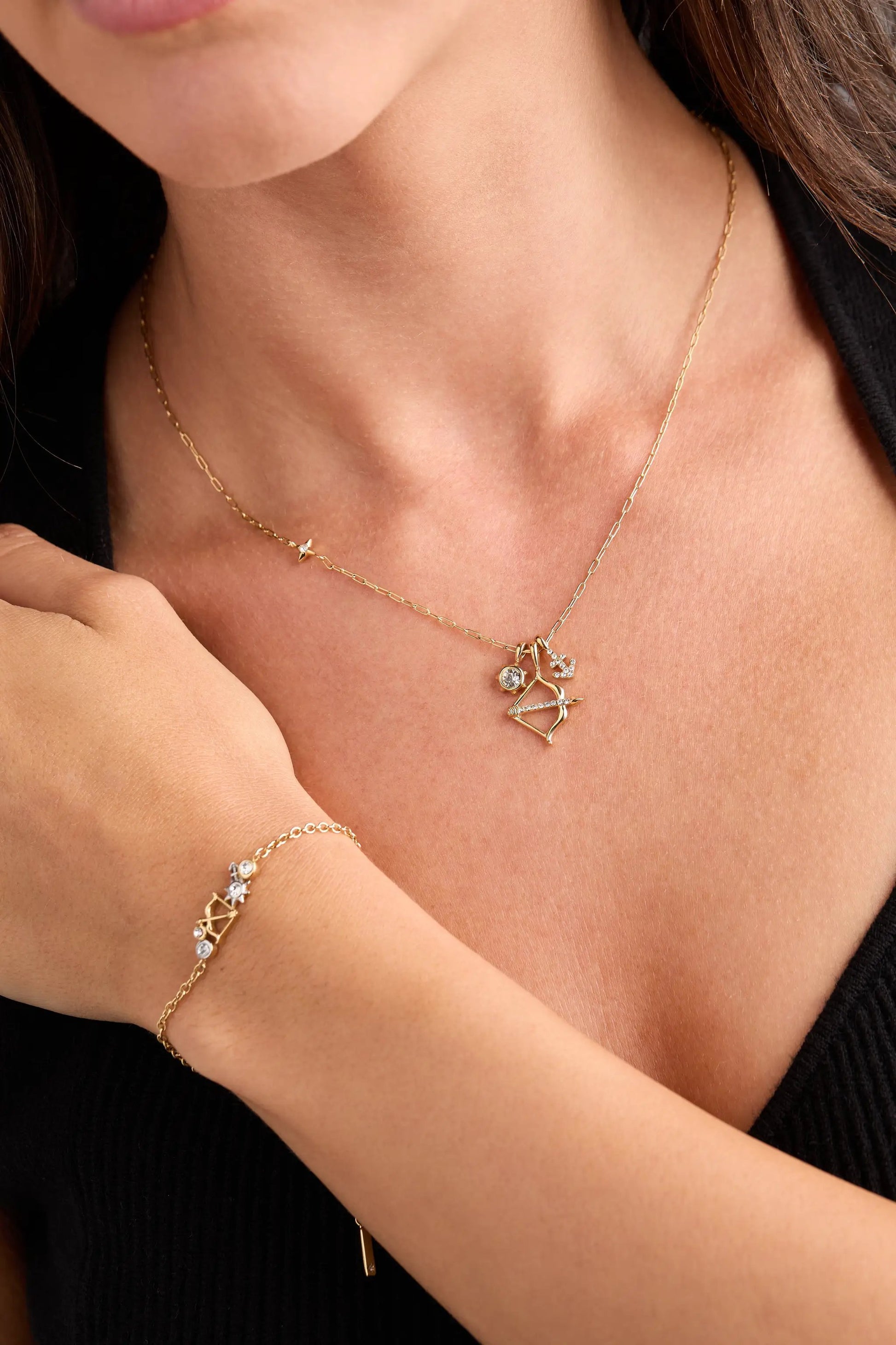 Gold tone Sagittarius Charm Cluster Necklace by ALEX AND ANI with bow-arrow pendant and crystals on Tampa Home & Garden Store