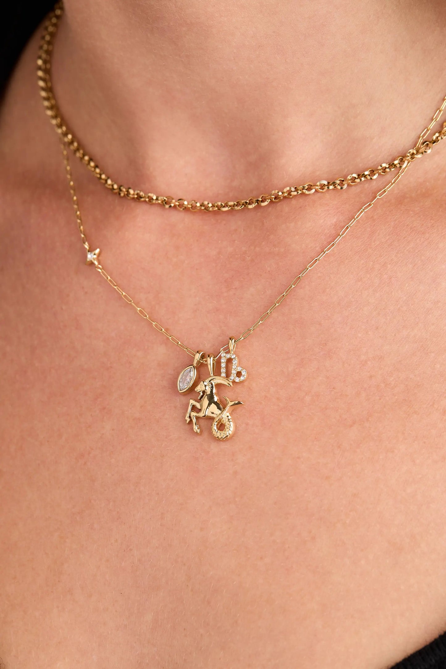Capricorn Zodiac Charm Cluster Necklace Gold