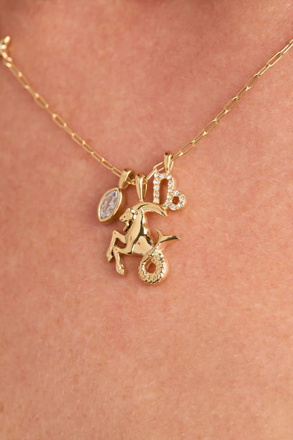 Capricorn Zodiac Charm Cluster Necklace Gold