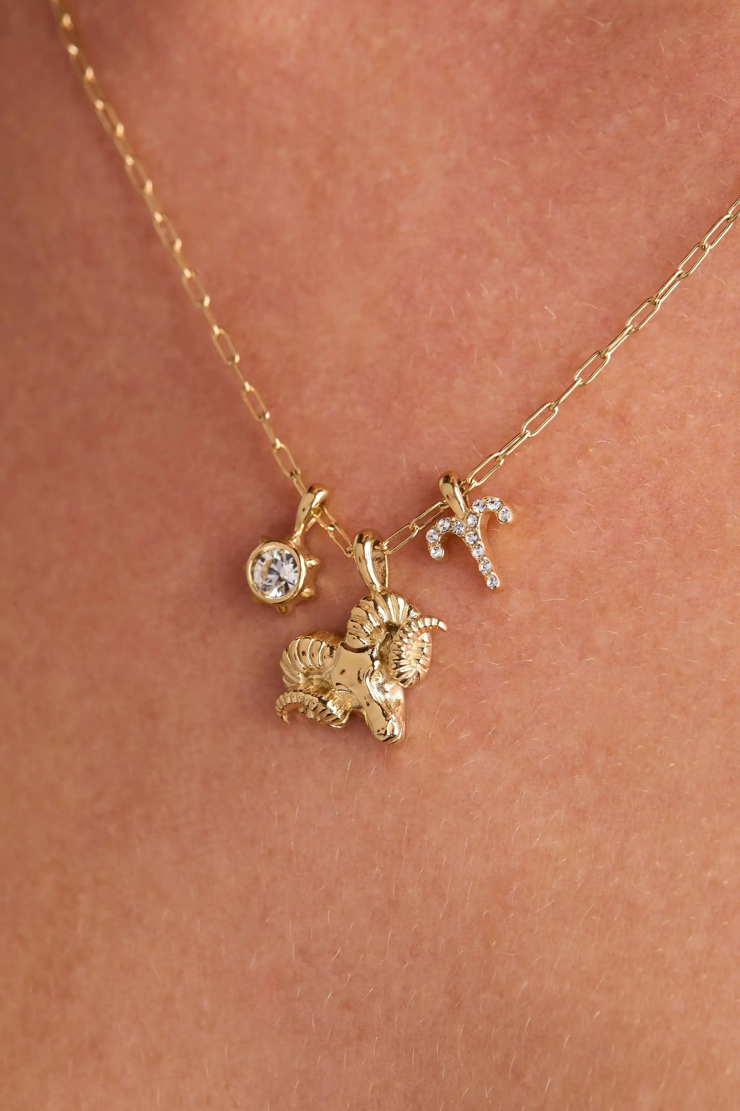 Aries Zodiac Charm Cluster Necklace Gold Plated
