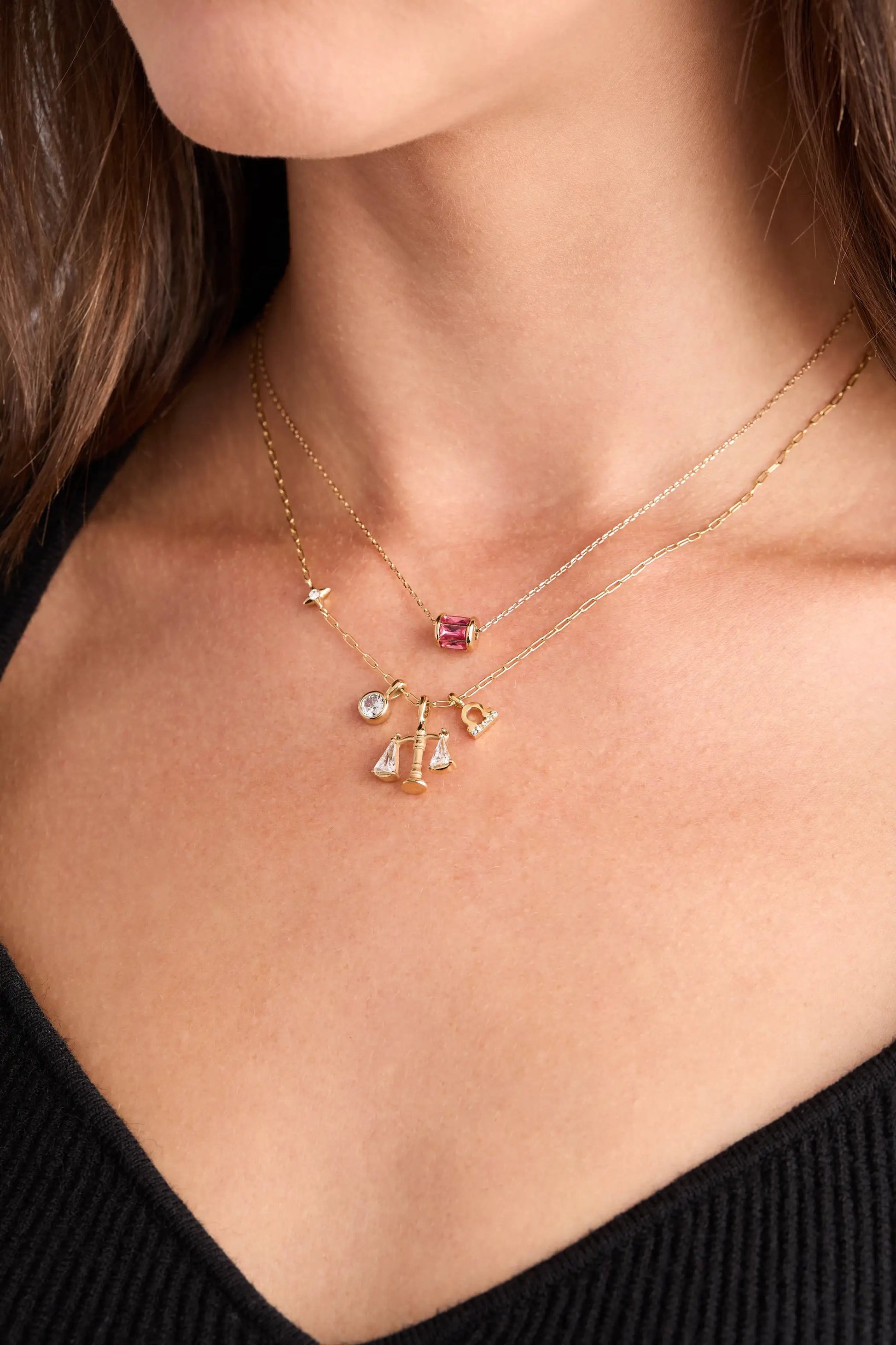 Libra Zodiac Charm Cluster Necklace gold-tone layered chains with pink gemstone on Tampa Home & Garden Store
