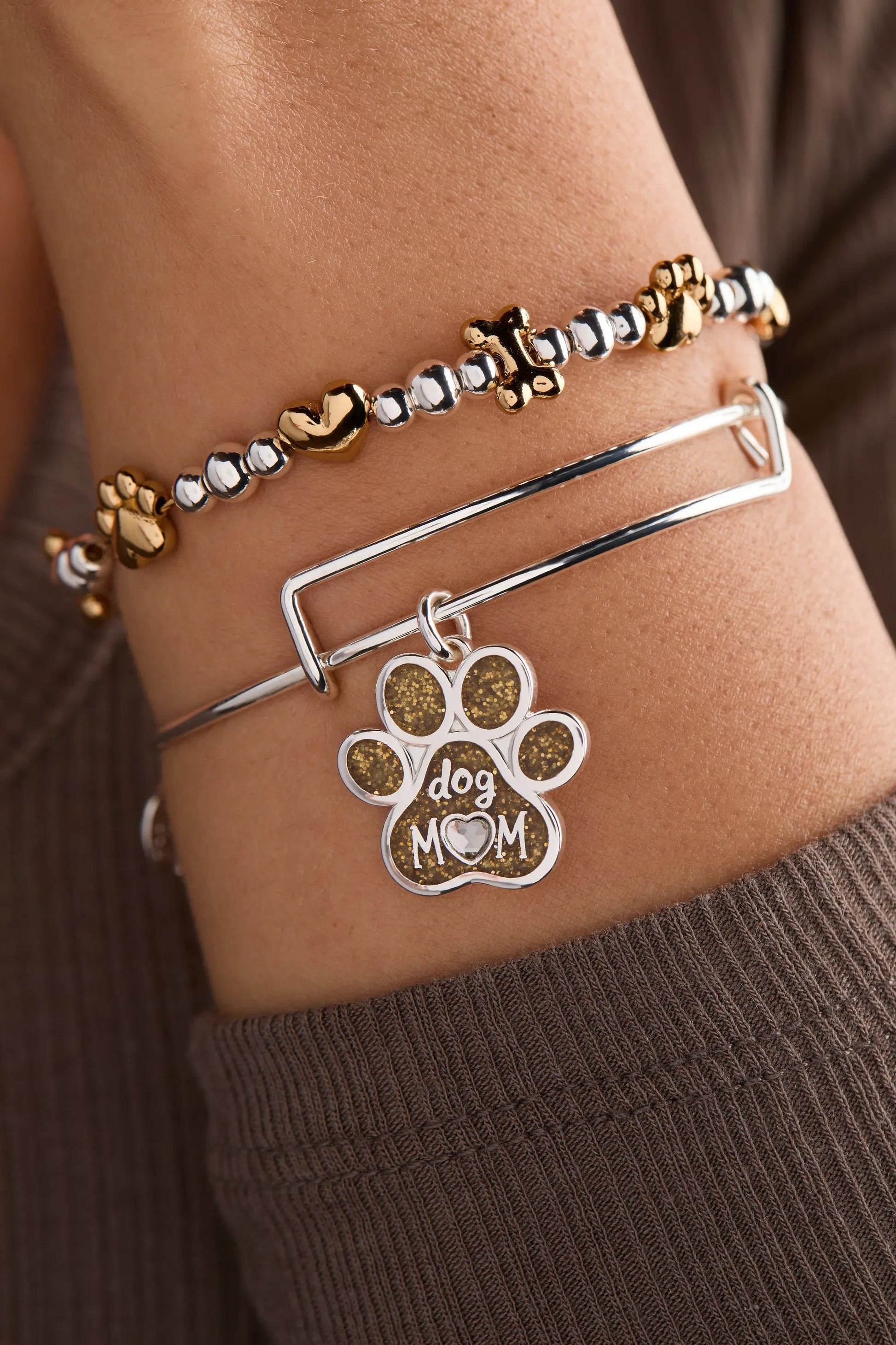 Dog Mom Charm Bangle; two-piece beaded paw bracelet and silver bar cuff on Tampa Home & Garden Store