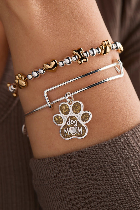 Dog Mom Charm Bangle; two-piece beaded paw bracelet and silver bar cuff on Tampa Home & Garden Store