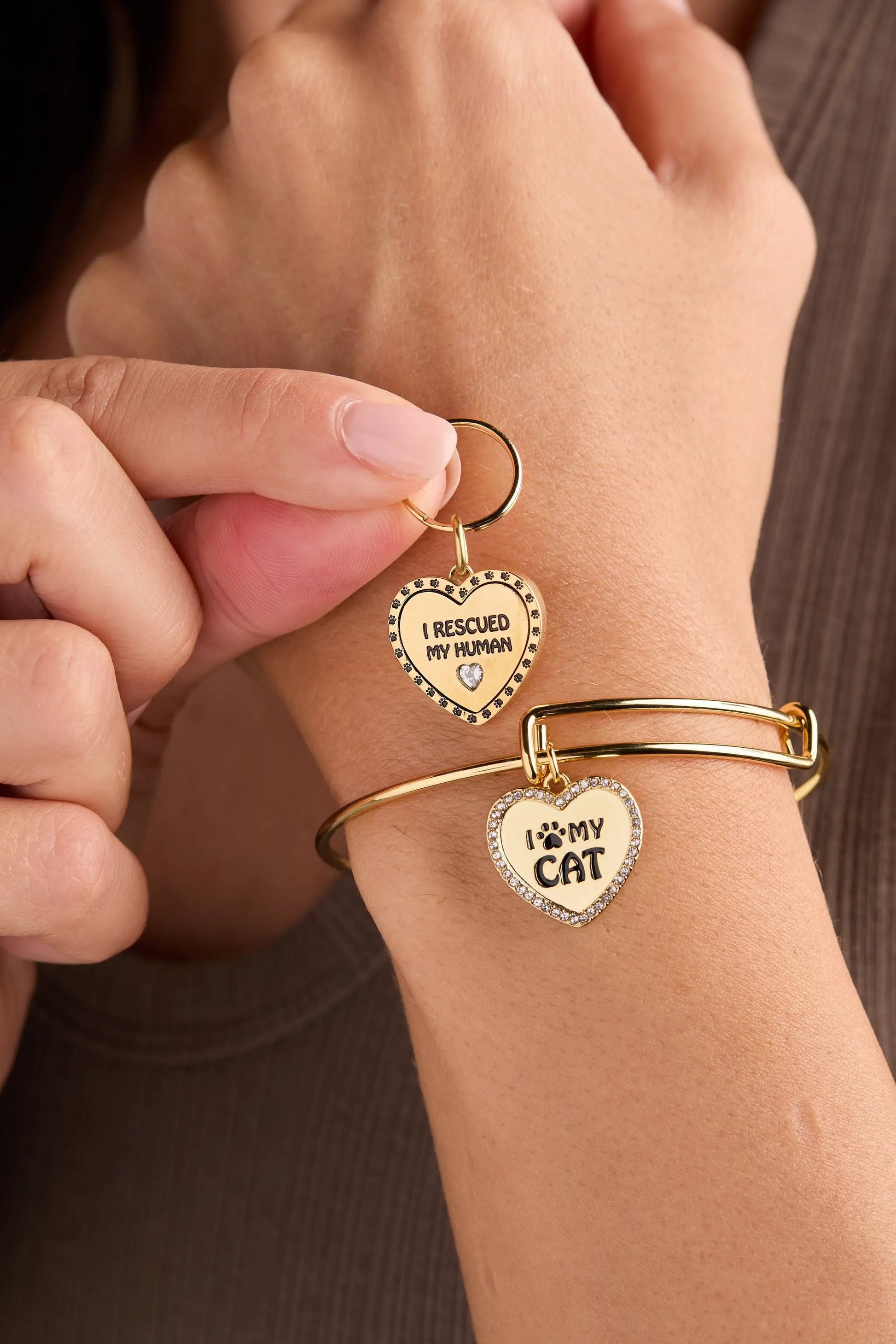 Alex and Ani gold-tone heart bracelet set of 2 with I RESCUED MY HUMAN and I PAW MY CAT charms on Tampa Home & Garden Store