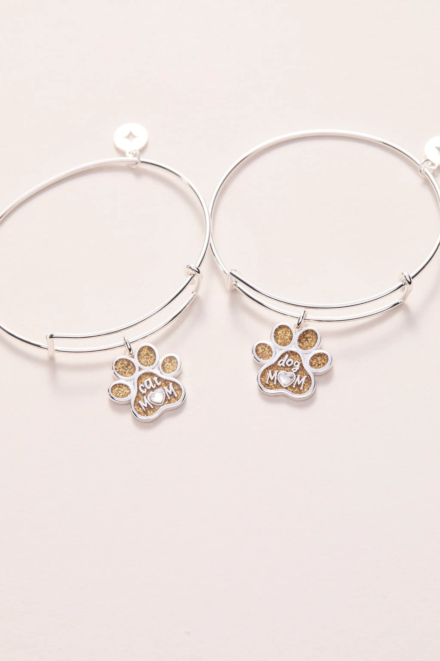 Dog Mom Charm Bangle set, silver-tone hoops with glitter paw charms cat MOM and dog MOM on Tampa Home & Garden Store