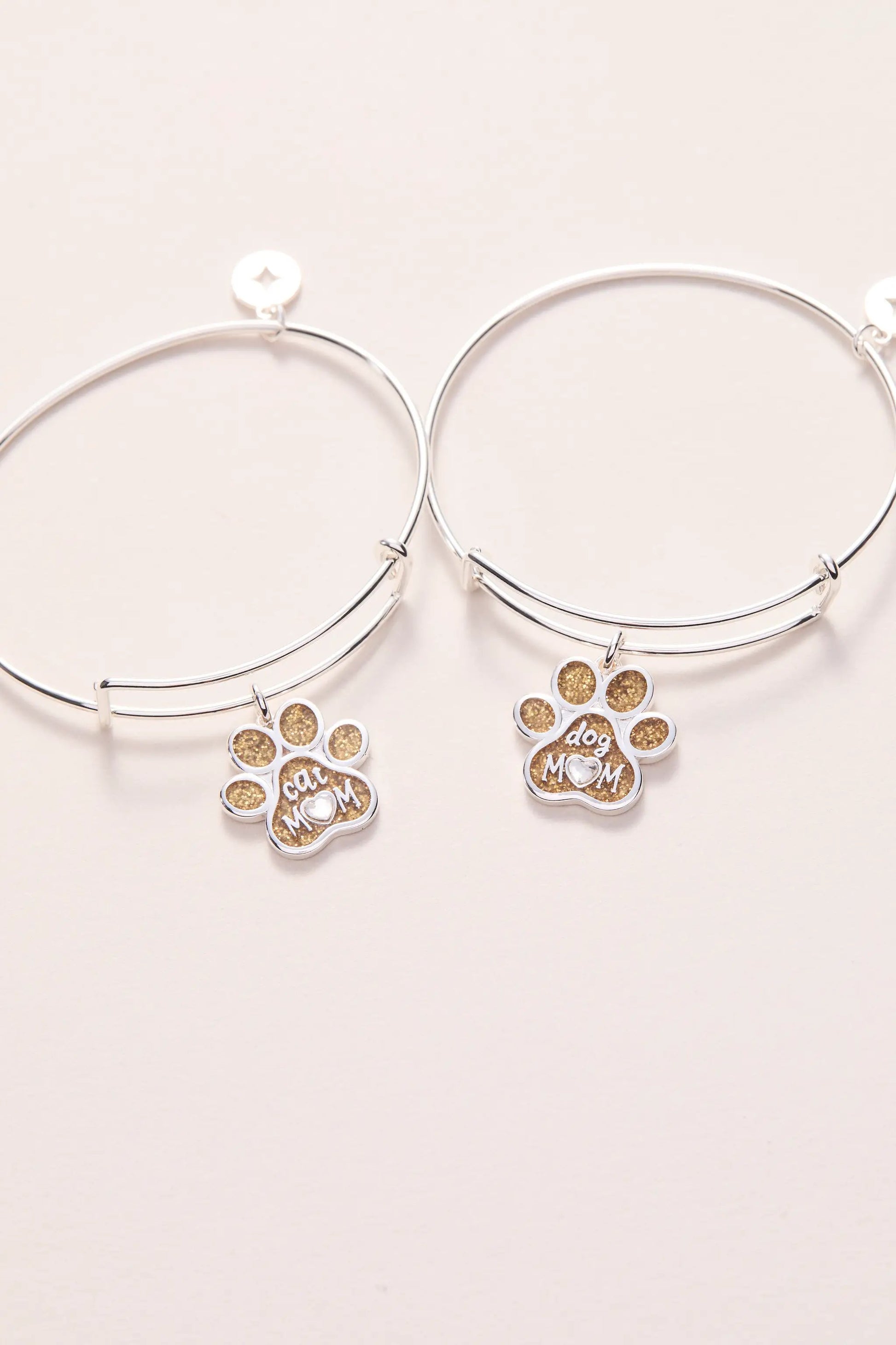 Dog Mom Charm Bangle set, silver-tone hoops with glitter paw charms cat MOM and dog MOM on Tampa Home & Garden Store