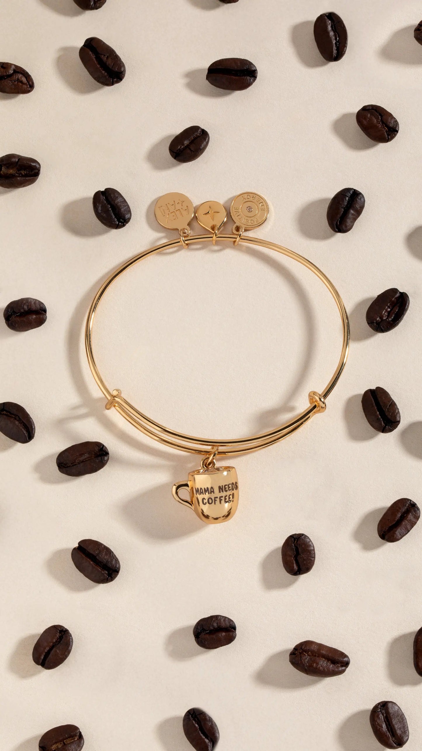 Mama Needs Coffee Mug Charm Bangle by Alex and Ani in gold tone with three small engraved charms on Tampa Home & Garden Store