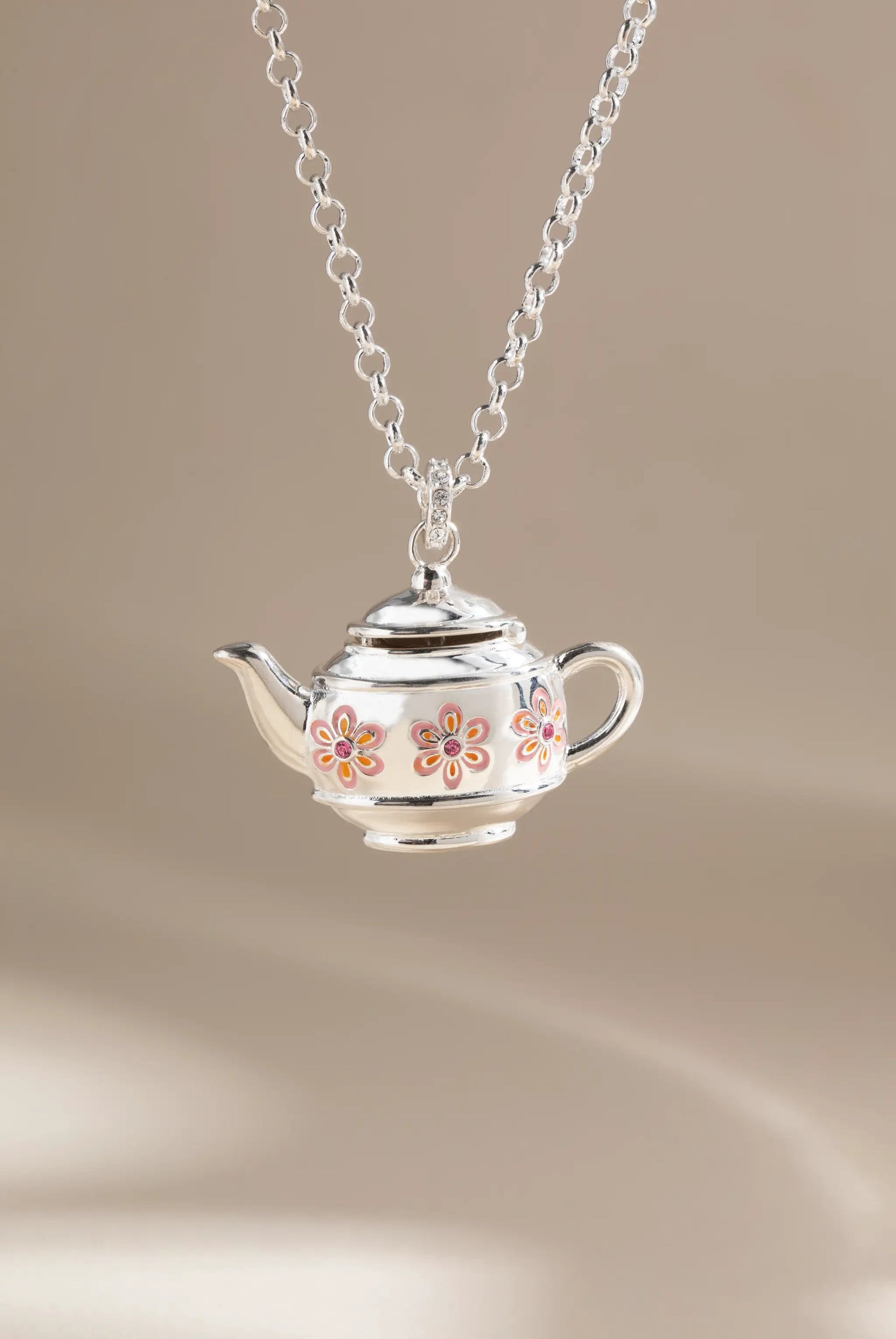 Floral Teapot Locket Pendant Necklace by ALEX AND ANI, silver with pink enamel flowers on Tampa Home & Garden Store