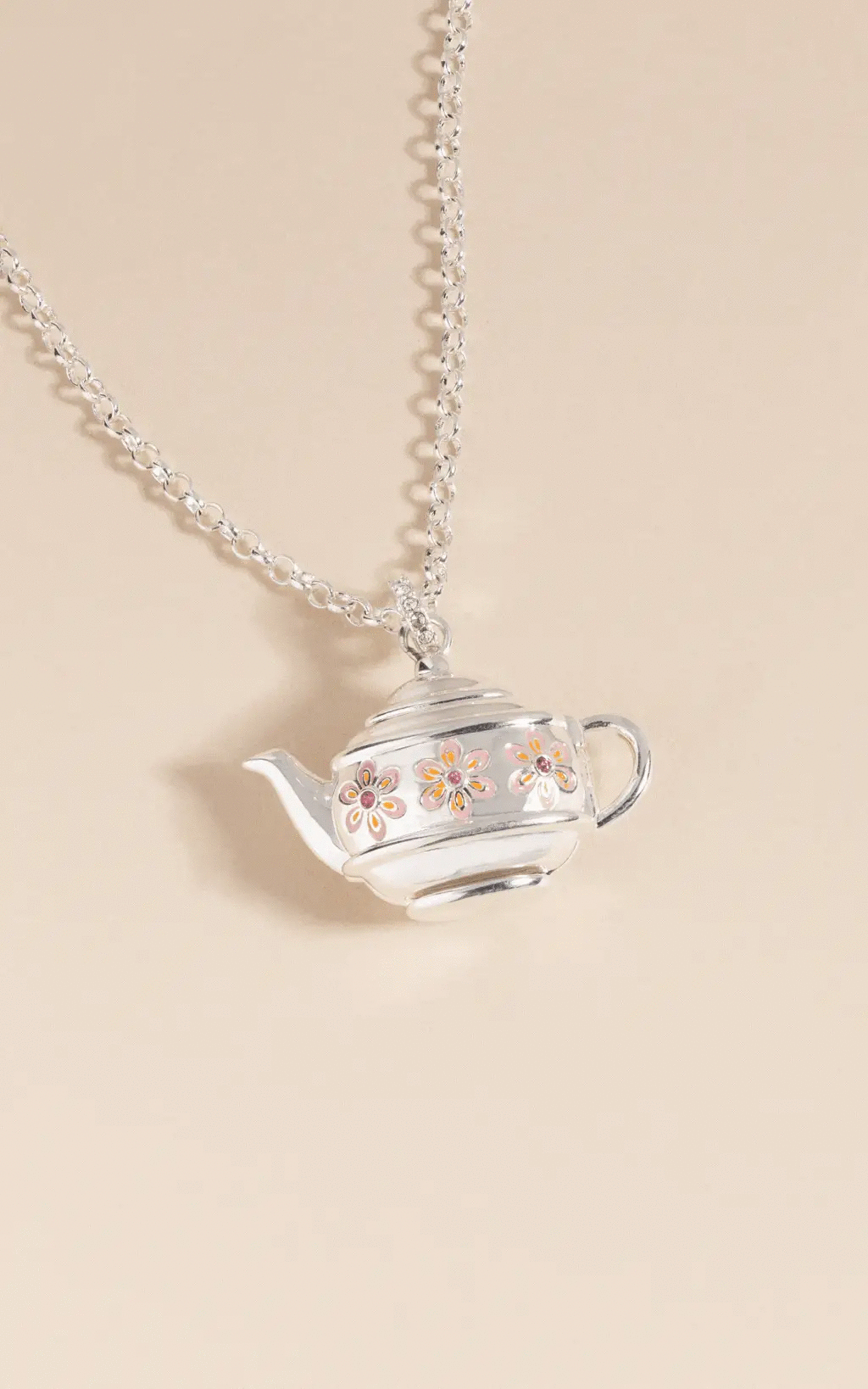 Alex and Ani floral teapot locket pendant necklace, silver-tone with enamel pink flowers on Tampa Home & Garden Store