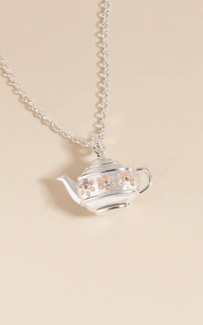 Alex and Ani floral teapot locket pendant necklace, silver-tone with enamel pink flowers on Tampa Home & Garden Store