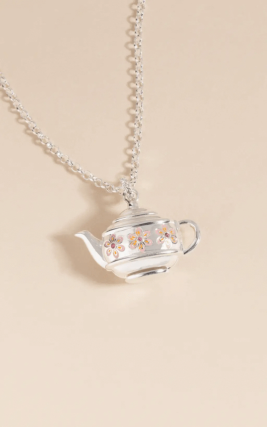 Alex and Ani floral teapot locket pendant necklace, silver-tone with enamel pink flowers on Tampa Home & Garden Store