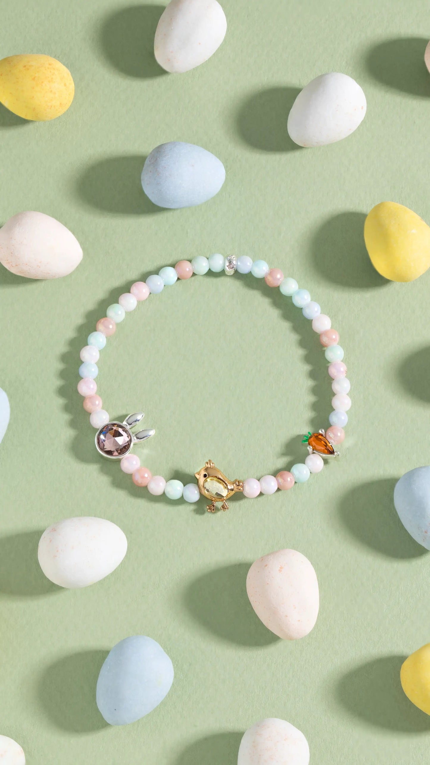 Crystal Bunny Stretch Bracelet with pastel pink, mint, and baby blue beads and a bunny charm on Tampa Home & Garden Store