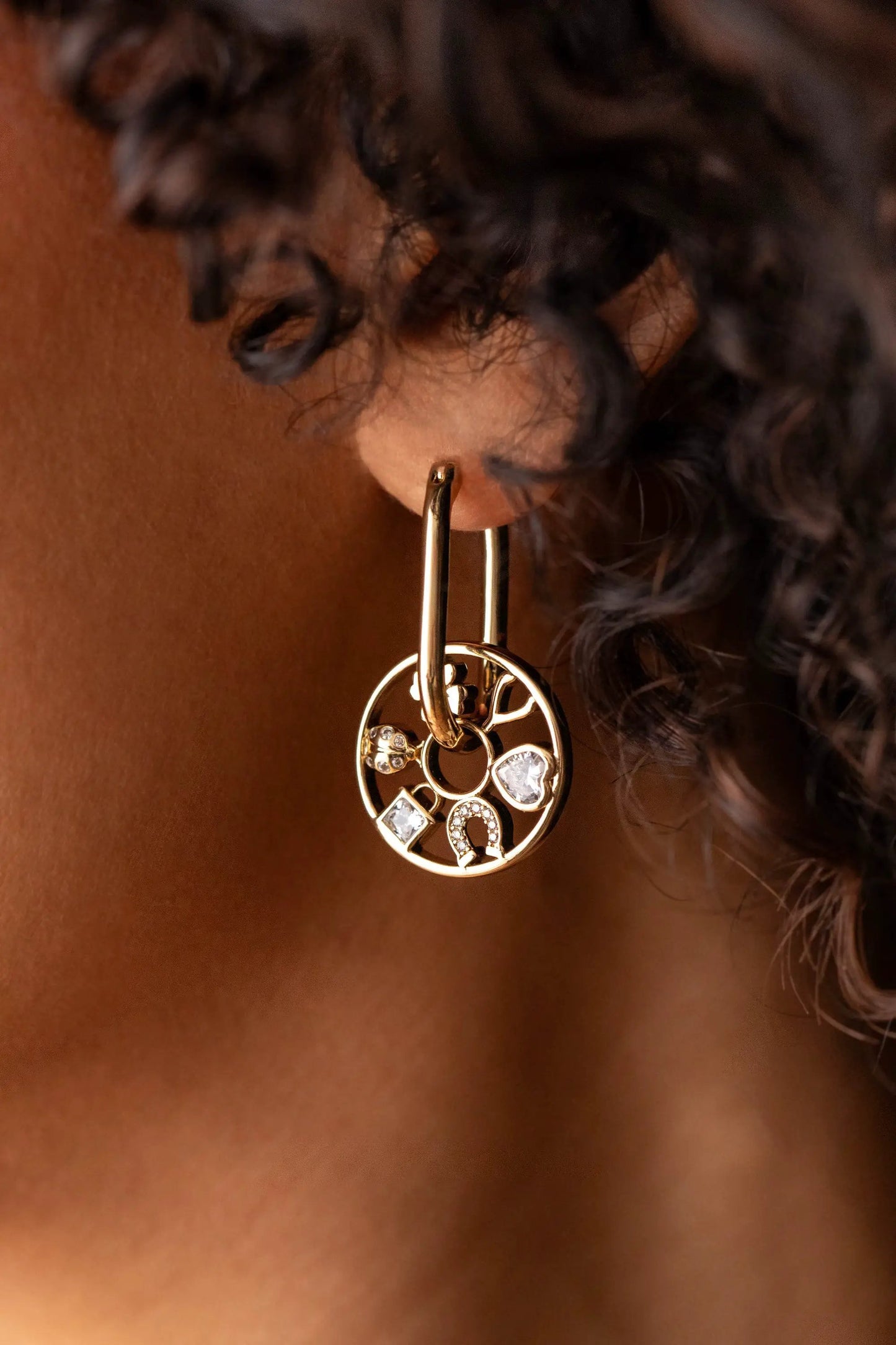 Love and Luck Wheel Hoop Earrings by Alex Ani, gold-tone hoops with jeweled wheel pendant on Tampa Home & Garden Store
