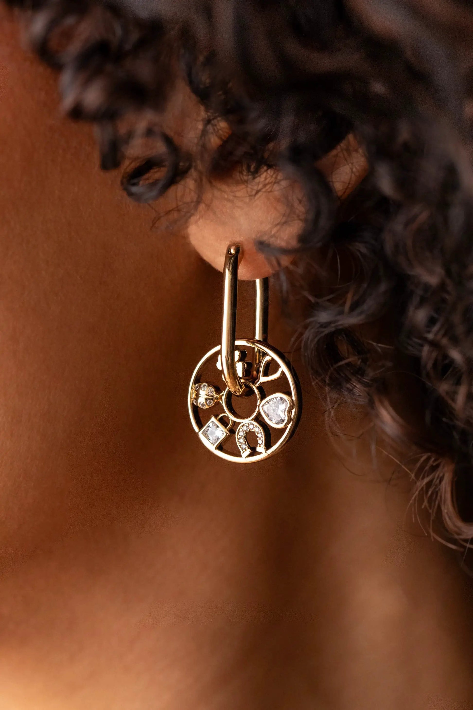 Love and Luck Wheel Hoop Earrings by Alex Ani, gold-tone hoops with jeweled wheel pendant on Tampa Home & Garden Store