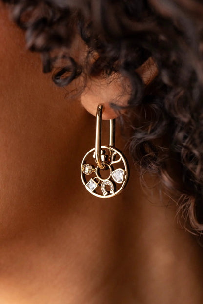 Love and Luck Wheel Hoop Earrings by Alex Ani, gold-tone hoops with jeweled wheel pendant on Tampa Home & Garden Store