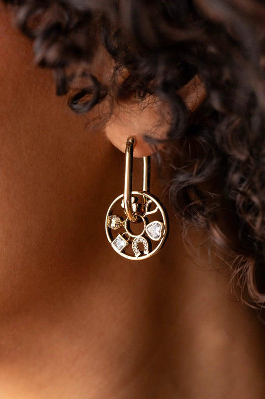 Love and Luck Wheel Hoop Earrings by Alex Ani, gold-tone hoops with jeweled wheel pendant on Tampa Home & Garden Store