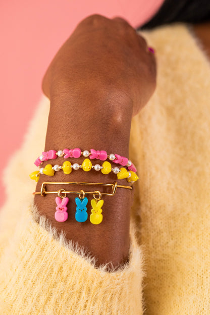 PEEPS Bunny Beaded Bangle by ALEX AND ANI on wrist with pink and yellow bunny beads on Tampa Home & Garden Store