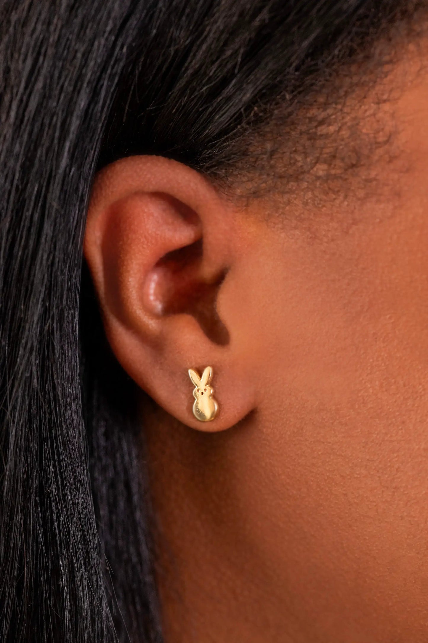 Peeps Bunny and Chick earrings by ALEX AND ANI; gold-tone bunny studs on earlobe on Tampa Home & Garden Store