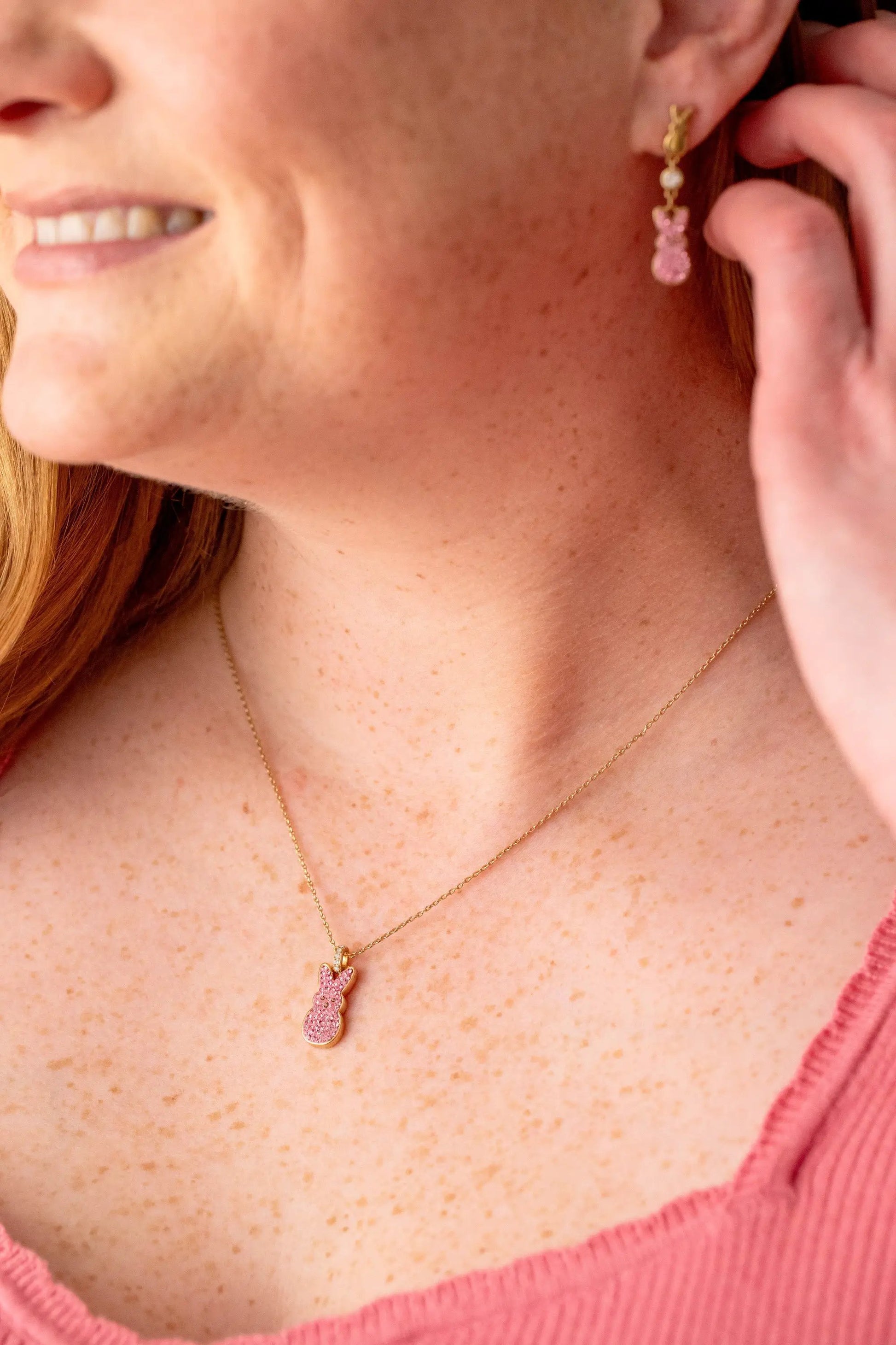 PEEPS Pink Crystal Bunny Pendant Necklace with a gold-tone chain on Tampa Home & Garden Store