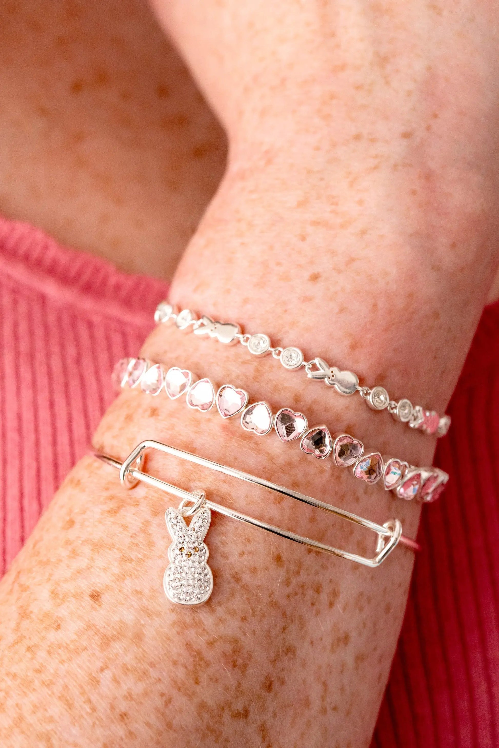 PEEPS Bunny Bolo Bracelet by ALEX AND ANI, silver bracelet with crystal bunny charm on wrist on Tampa Home & Garden Store