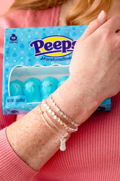 Peeps Bunny Bolo Bracelet by ALEX AND ANI, silver-toned charm bracelet worn on the wrist on Tampa Home & Garden Store