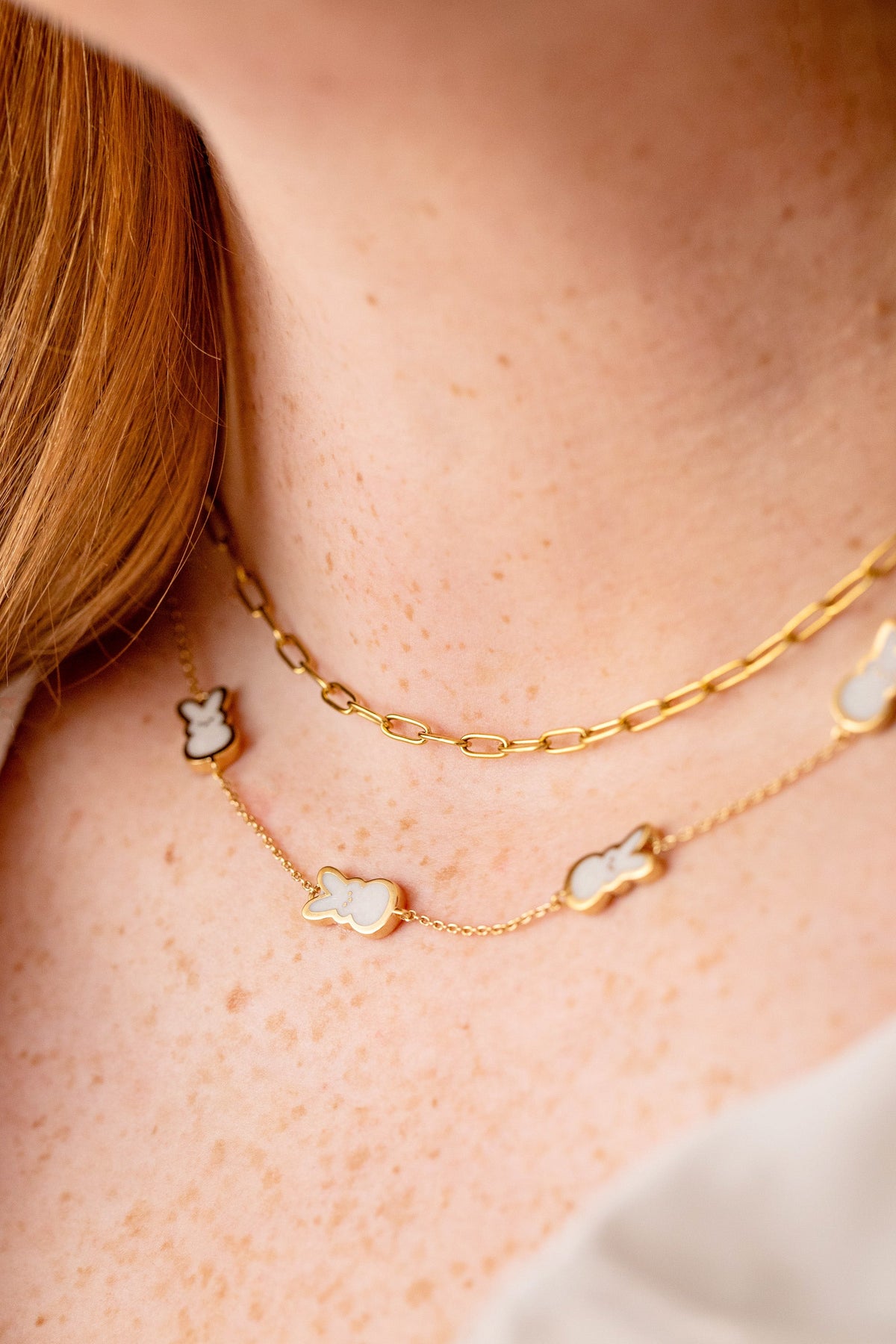 PEEPS Bunny Charm Necklace by ALEX AND ANI; gold-tone chain with white enamel bunny charms on Tampa Home & Garden Store