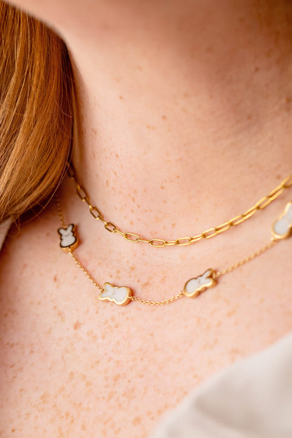 PEEPS Bunny Charm Necklace by ALEX AND ANI; gold-tone chain with white enamel bunny charms on Tampa Home & Garden Store