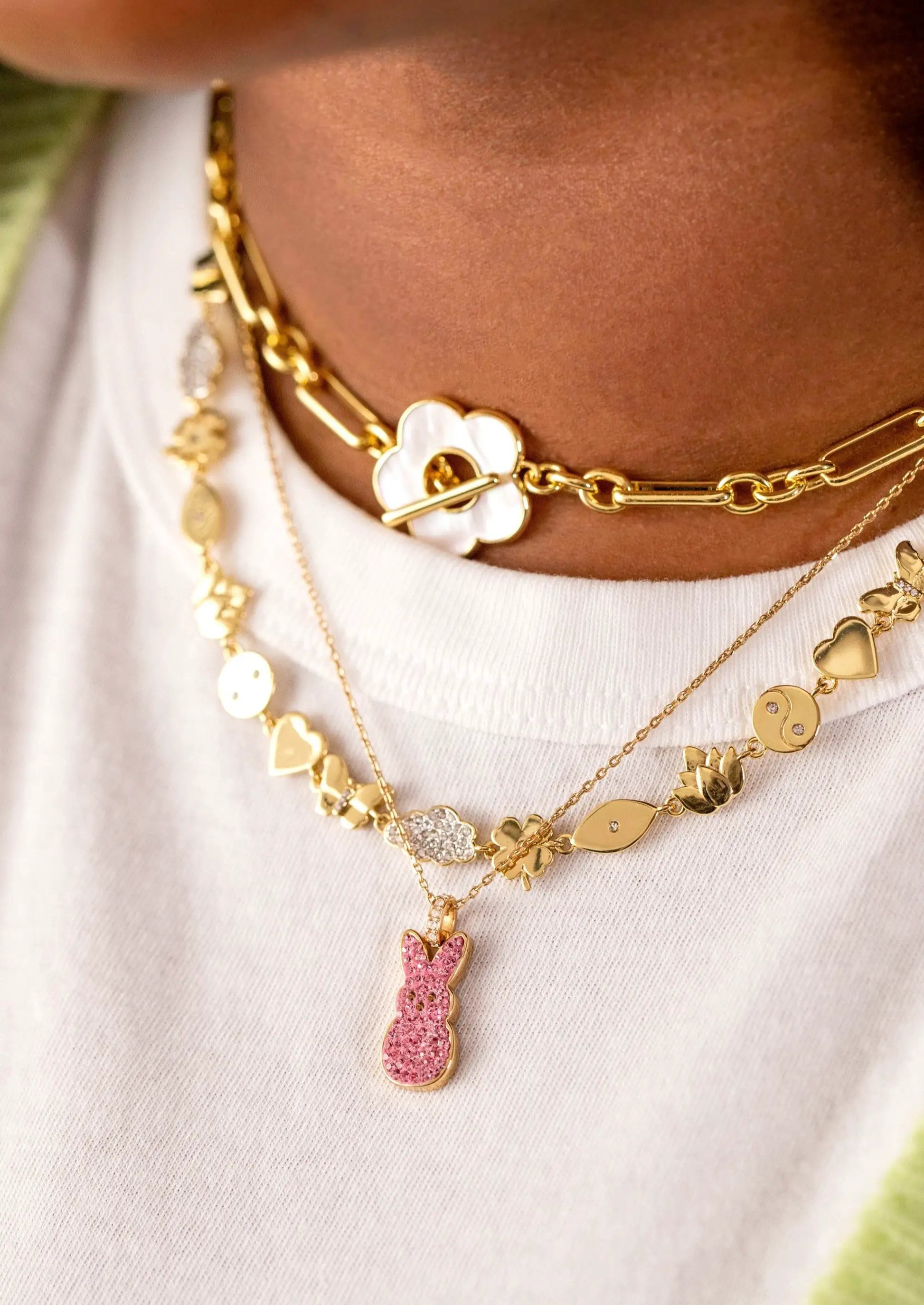 PEEPS Pink Crystal Bunny Pendant Necklace by ALEX AND ANI, gold-tone chain with pink bunny charm on Tampa Home & Garden Store