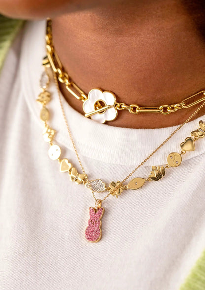 PEEPS Pink Crystal Bunny Pendant Necklace by ALEX AND ANI, gold-tone chain with pink bunny charm on Tampa Home & Garden Store