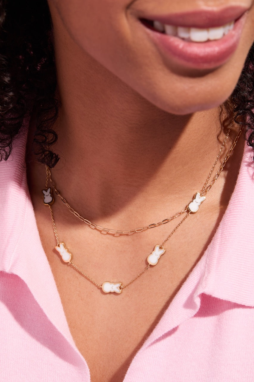 PEEPS Pearlized Bunny Charm Necklace by ALEX AND ANI, layered chain with white bunny charms on Tampa Home & Garden Store
