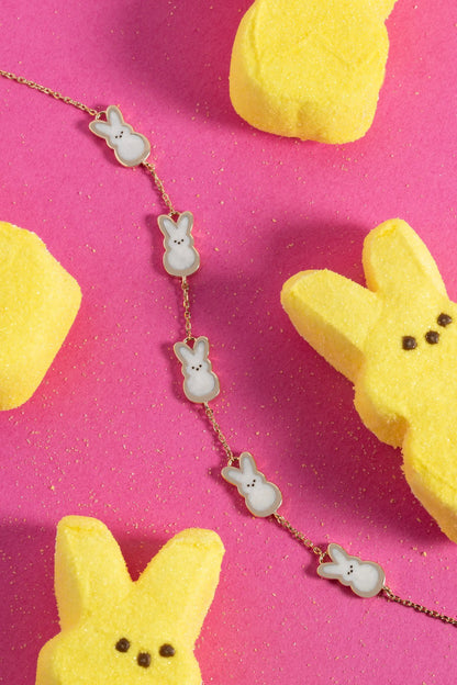 Bracelet PEEPS Pearlized Bunny Charm by ALEX AND ANI on gold chain with white bunny charms on Tampa Home & Garden Store
