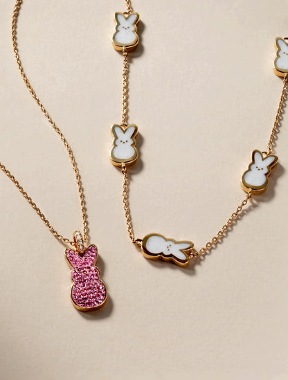 PEEPS Pink Crystal Bunny Pendant Necklace with bunny charms on a gold chain by ALEX AND ANI on Tampa Home & Garden Store
