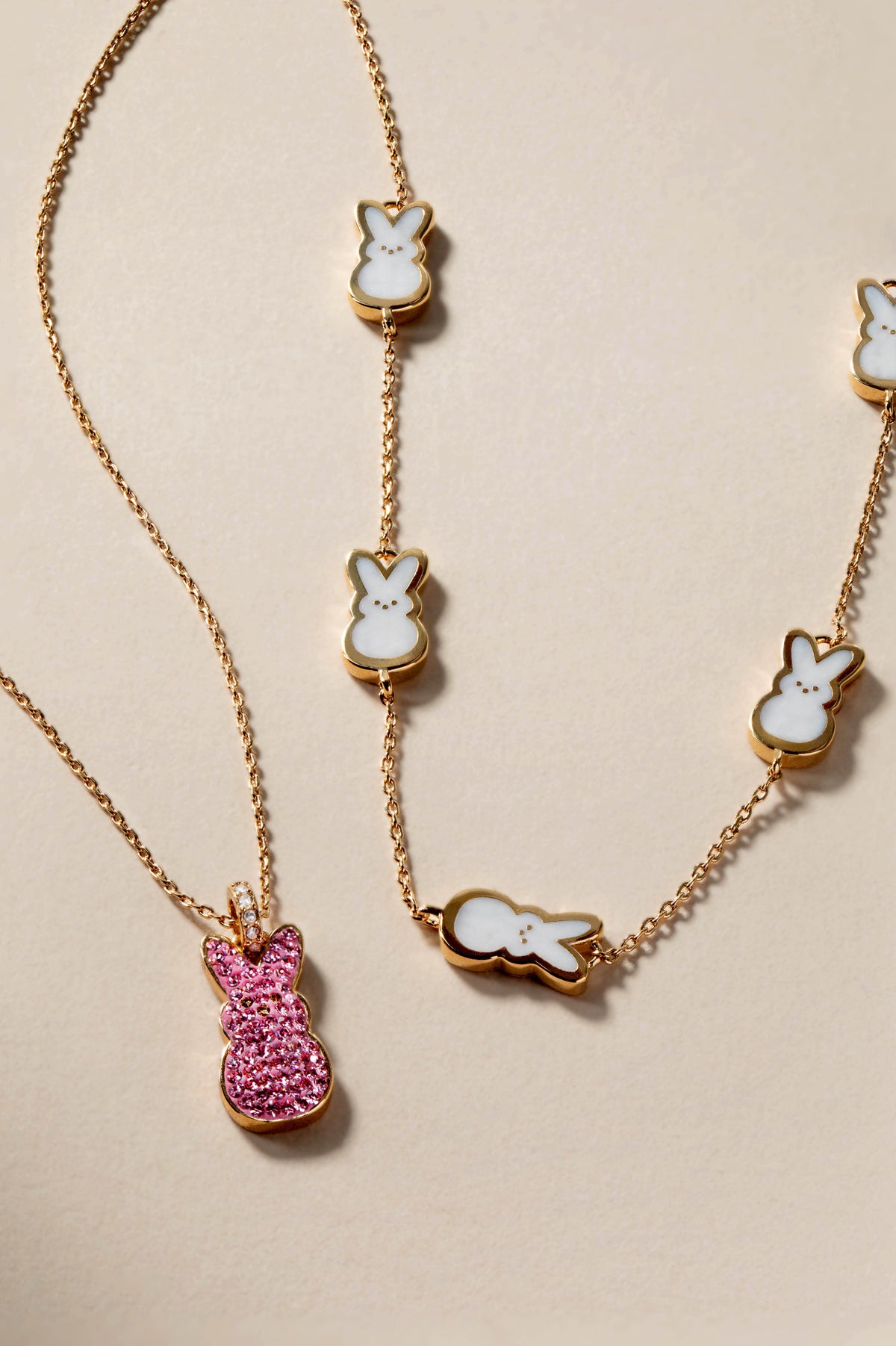 ALEX AND ANI PEEPS Pearlized Bunny Necklace with gold-tone chain and white enamel bunny charms on Tampa Home & Garden Store