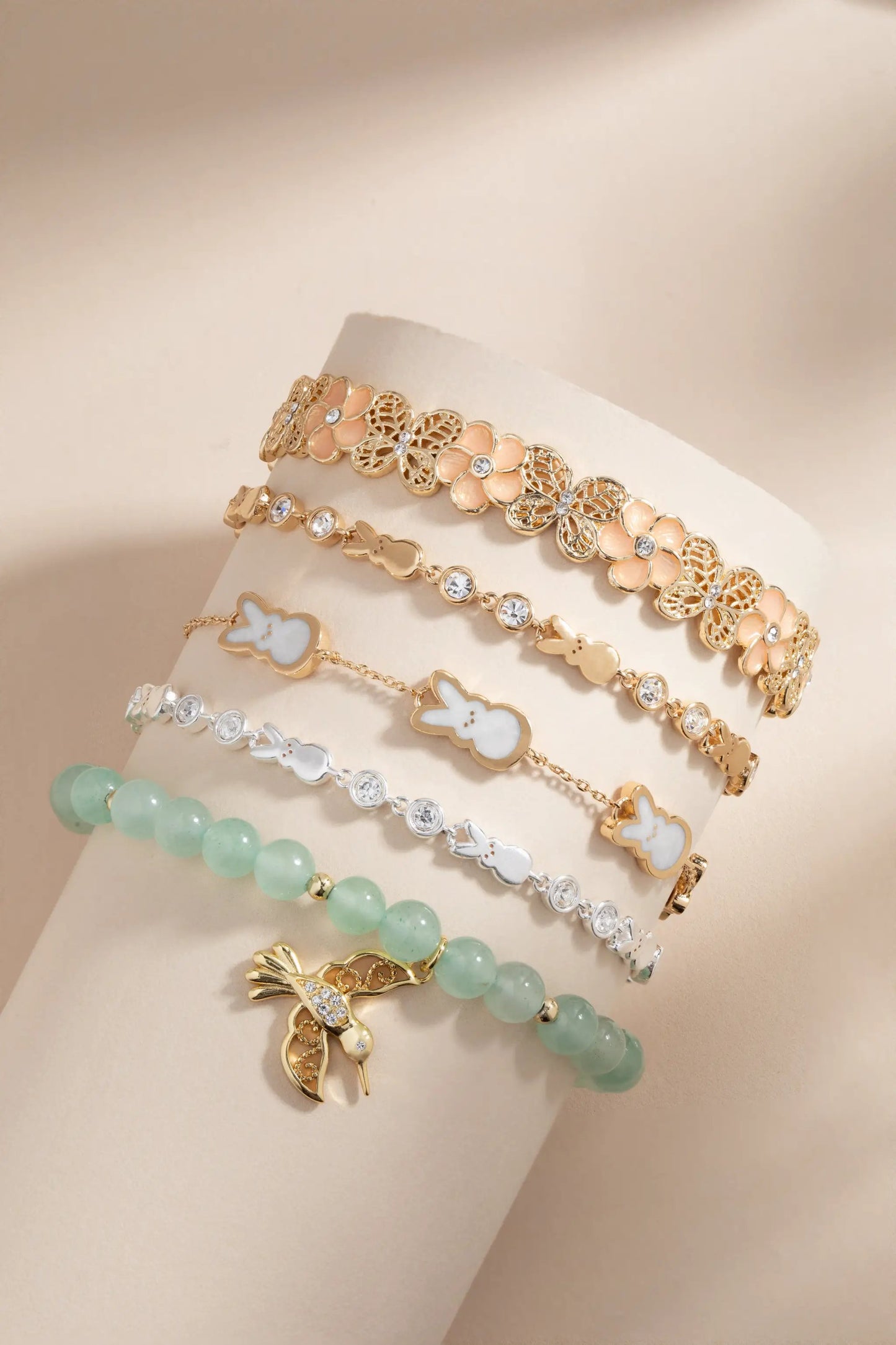 PEEPS Bunny Bolo Bracelet by ALEX AND ANI, gold-tone links with peach enamel petals and crystals on Tampa Home & Garden Store