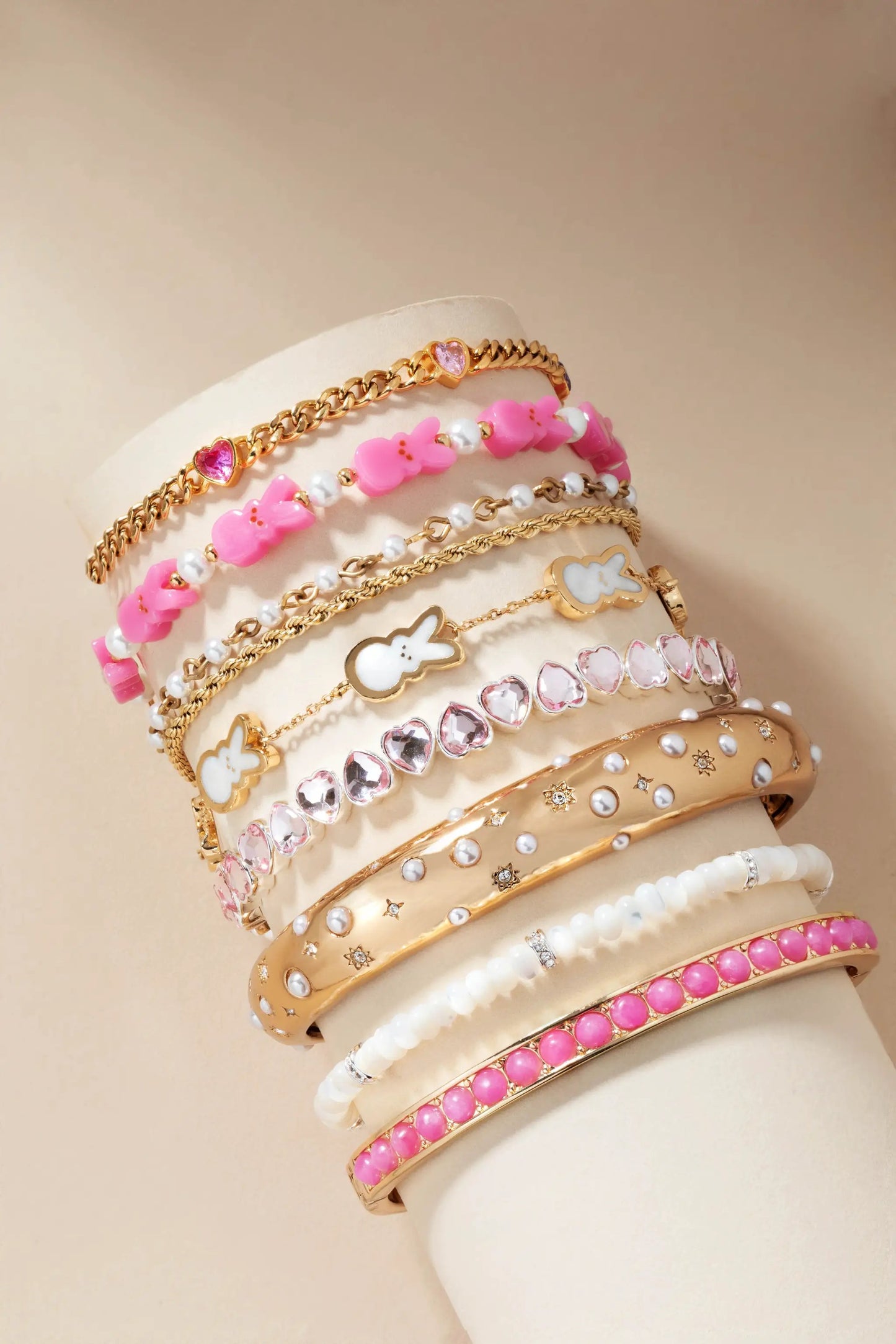 Peeps Pearlized Bunny Charm Bracelet by ALEX AND ANI, gold-tone chain with pink bunny charms on Tampa Home & Garden Store