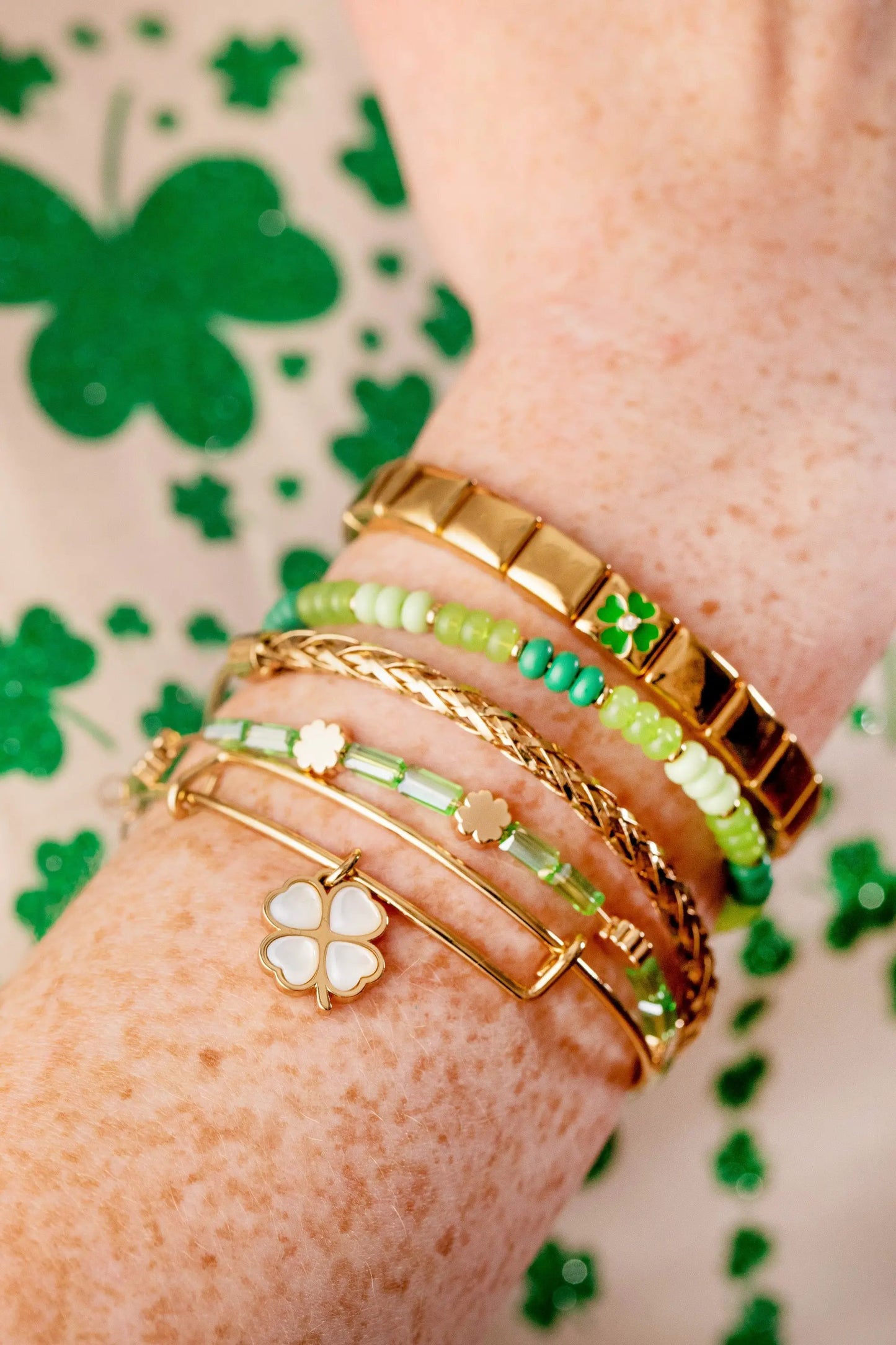 Lucky Four-Leaf Clover Stretch Bracelet by ALEX AND ANI; green beads with gold-tone links on Tampa Home & Garden Store
