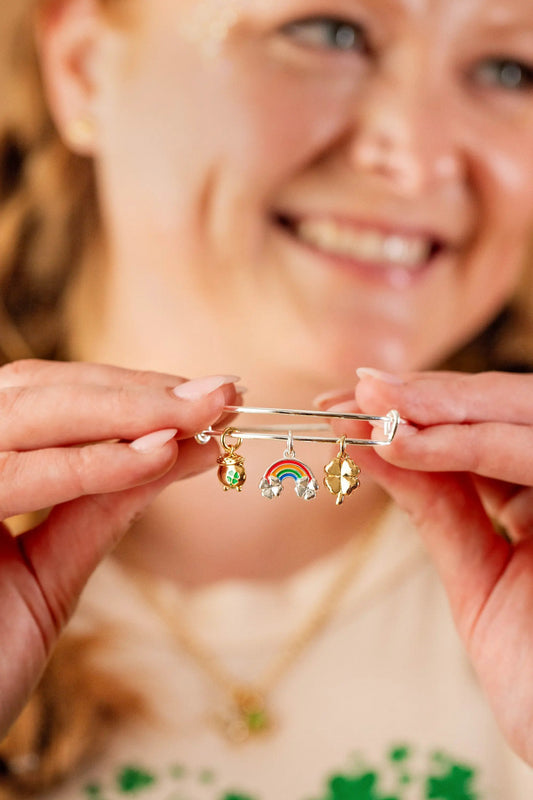 End of the Rainbow Multi-Charm Bangle, silver-tone ALEX AND ANI bracelet with rainbow enamel charm and multiple charms on Tampa Home & Garden Store