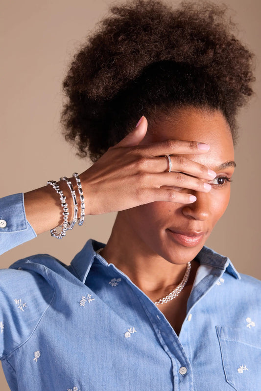 Bamboo Wrap Bracelet by ALEX AND ANI, silver-tone wrap bracelet on wrist on Tampa Home & Garden Store