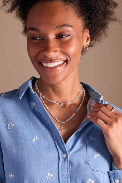 Bamboo Convertible Necklace or Bracelet, silver chain with circular toggle, worn by model on Tampa Home & Garden Store