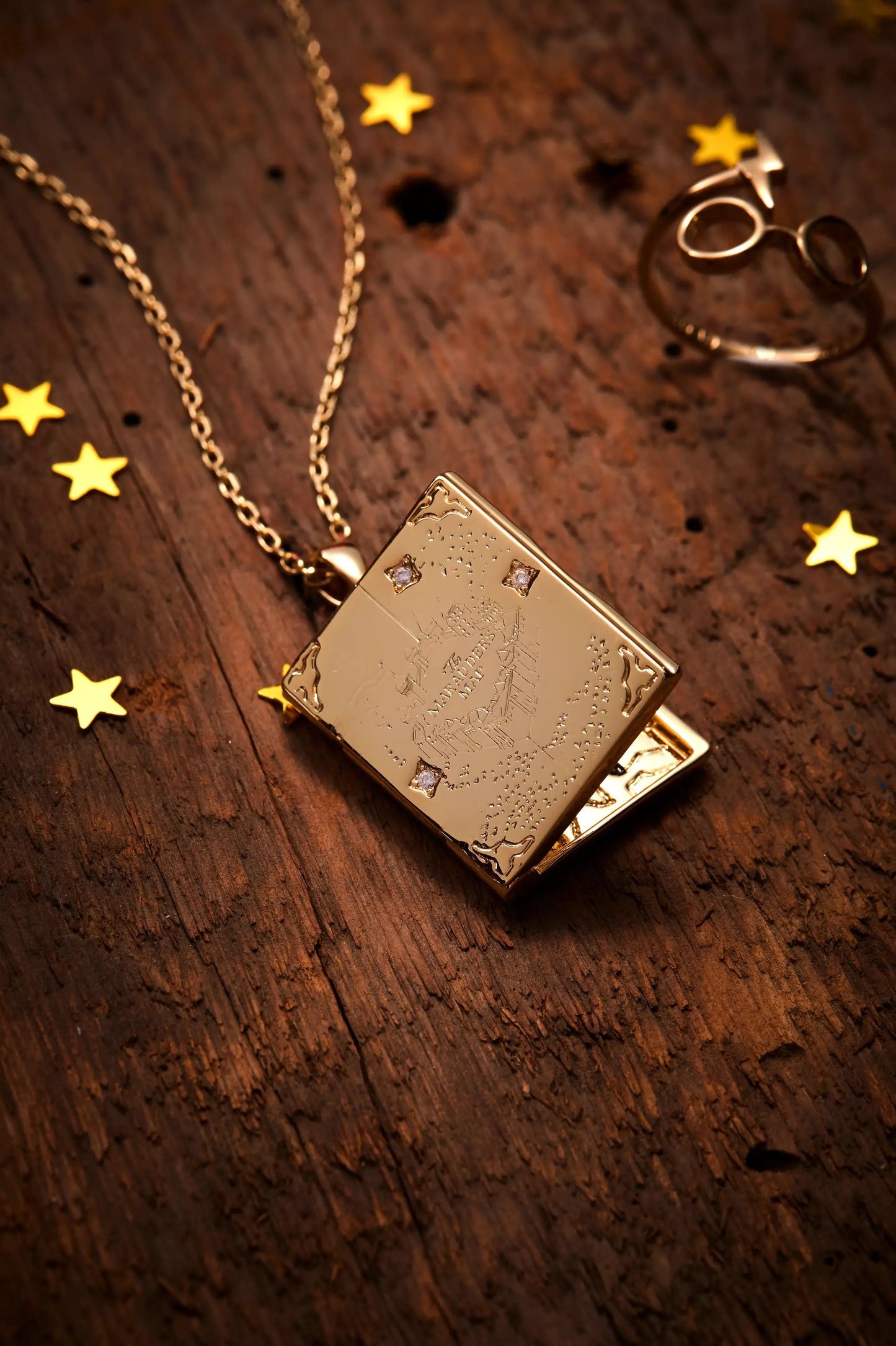 Harry Potter Mischief Managed Locket Necklace by ALEX AND ANI, gold square locket on chain on Tampa Home & Garden Store