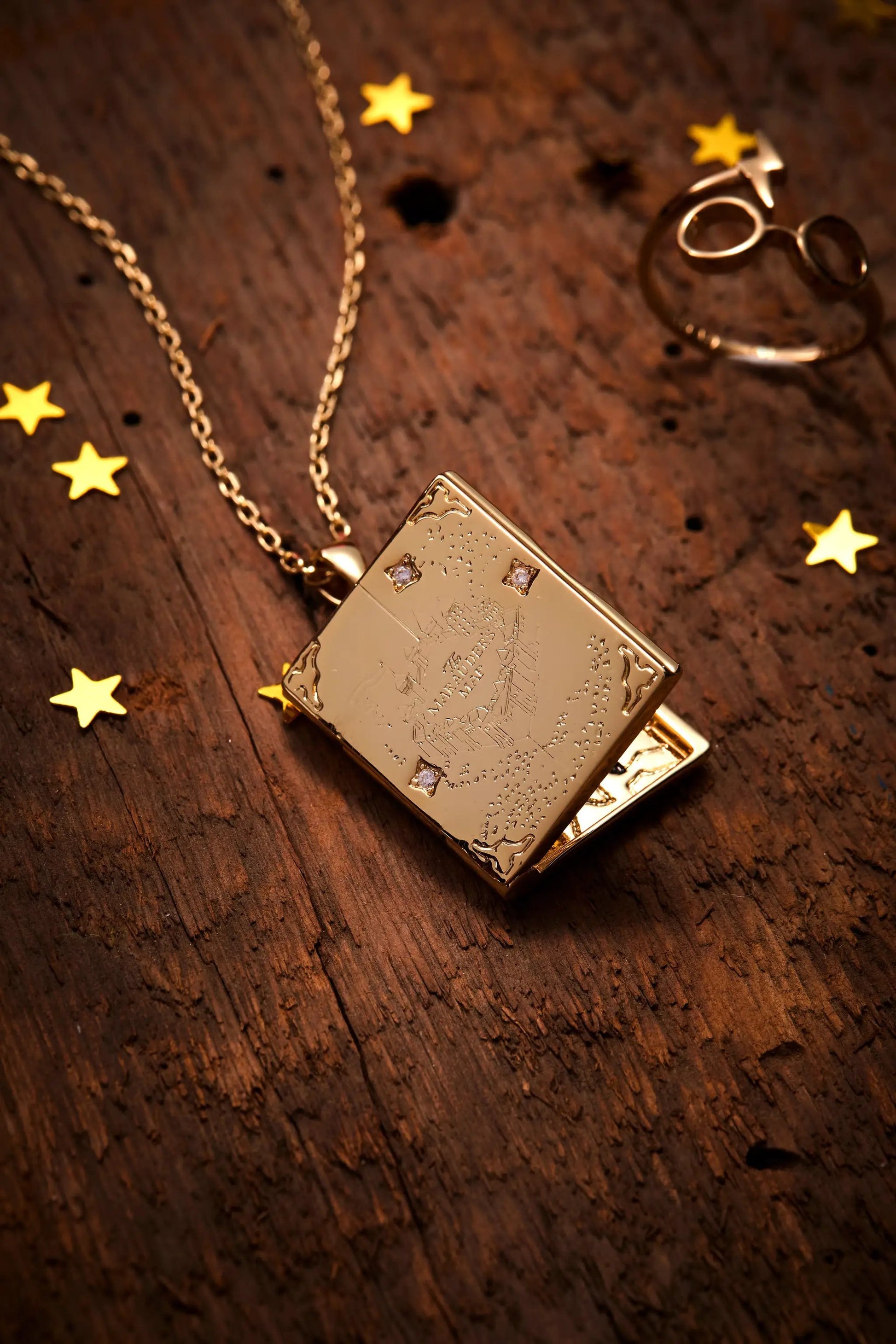 Harry Potter Mischief Managed Locket Necklace by ALEX AND ANI, gold square locket on chain on Tampa Home & Garden Store