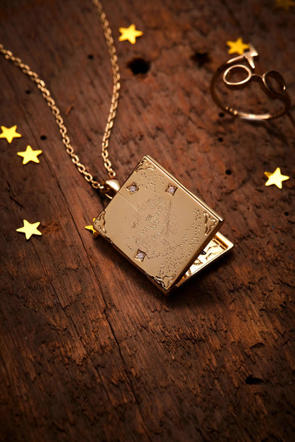 Harry Potter Mischief Managed Locket Necklace by ALEX AND ANI, gold square locket on chain on Tampa Home & Garden Store
