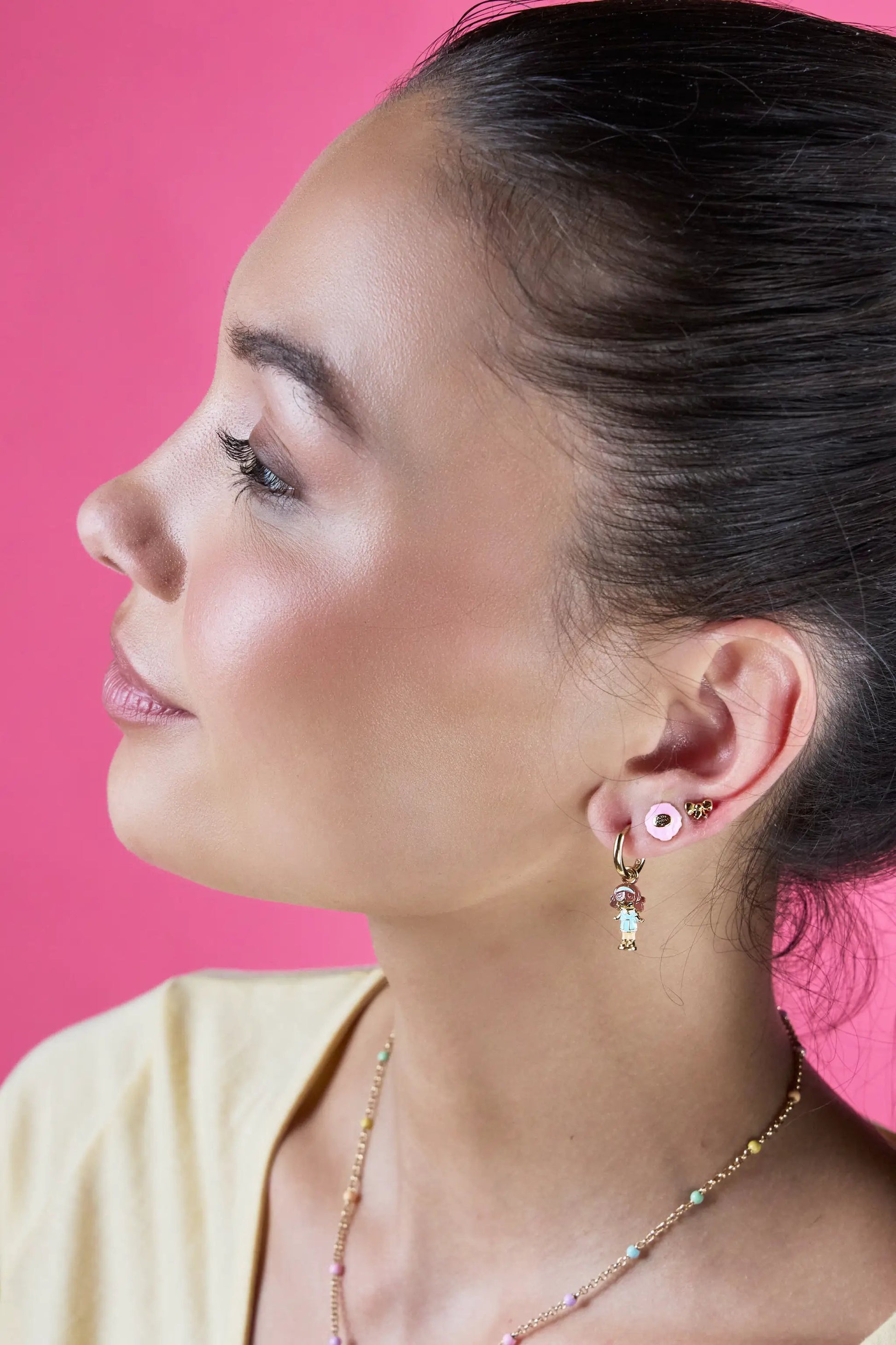 Polly Pocket™ Earring Set of 3 by ALEX AND ANI, pink flower studs with gold charms on Tampa Home & Garden Store