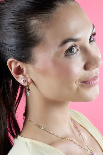 Polly Pocket Earring Set of 3 by Alex and Ani, pastel bead and gold-tone earrings on model's ear on Tampa Home & Garden Store